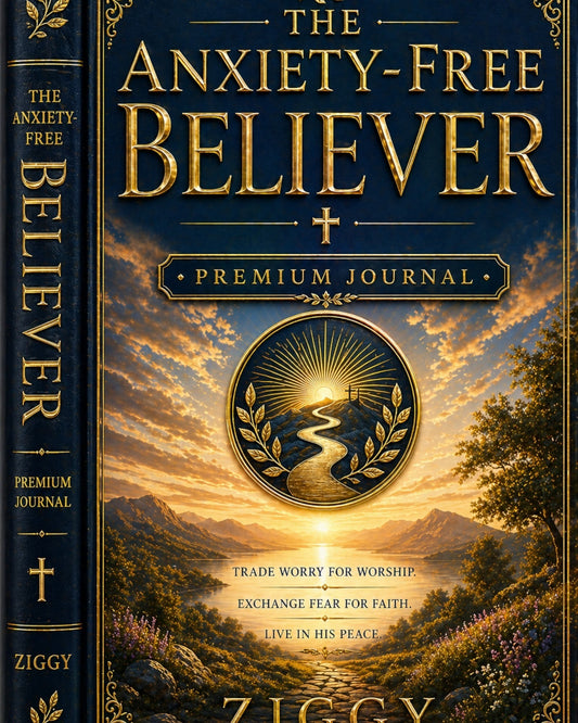 CREATOR ARSENAL's Anxiety-Free Believer premium journal, guide, and workbook. Features a scenic landscape with a winding path leading to a sunrise.
