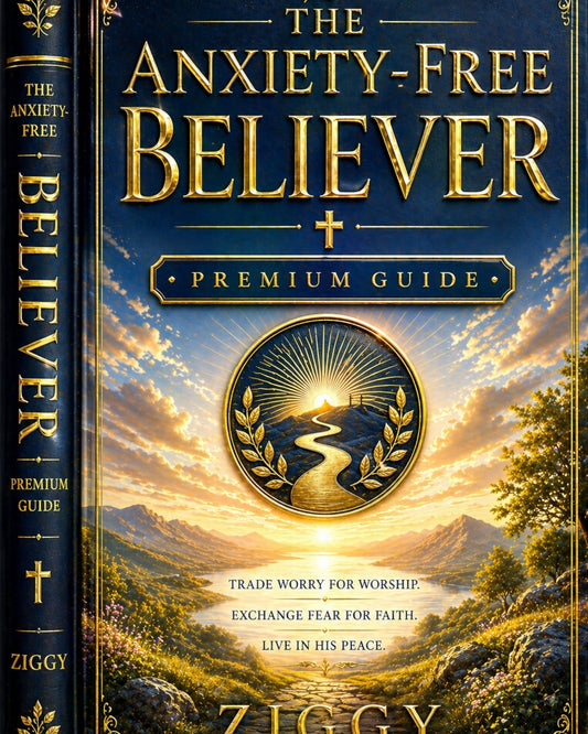 CREATOR ARSENAL The Anxiety-Free Believer Premium Guide, Journal, and Workbook bundle cover with a scenic landscape and inspirational text.