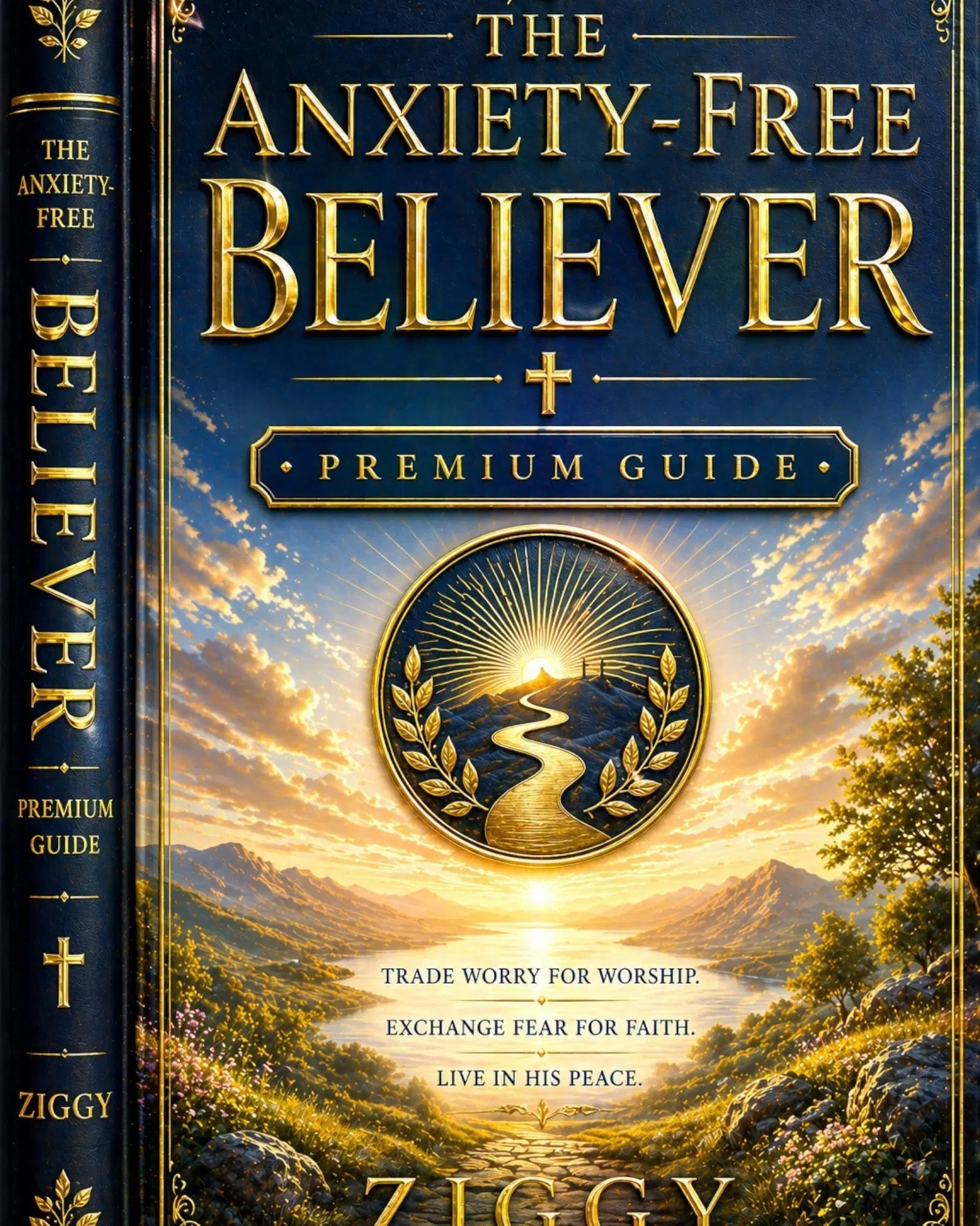 CREATOR ARSENAL The Anxiety-Free Believer Premium Guide, Journal, and Workbook bundle cover with a scenic landscape and inspirational text.