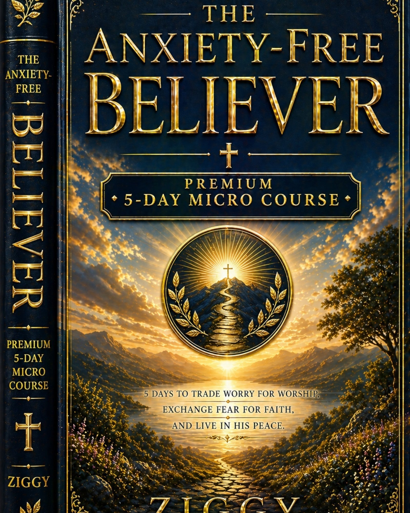 CREATOR ARSENAL The Anxiety-Free Believer premium 5-day micro course book cover with a scenic landscape and a path leading to a cross on a mountain.