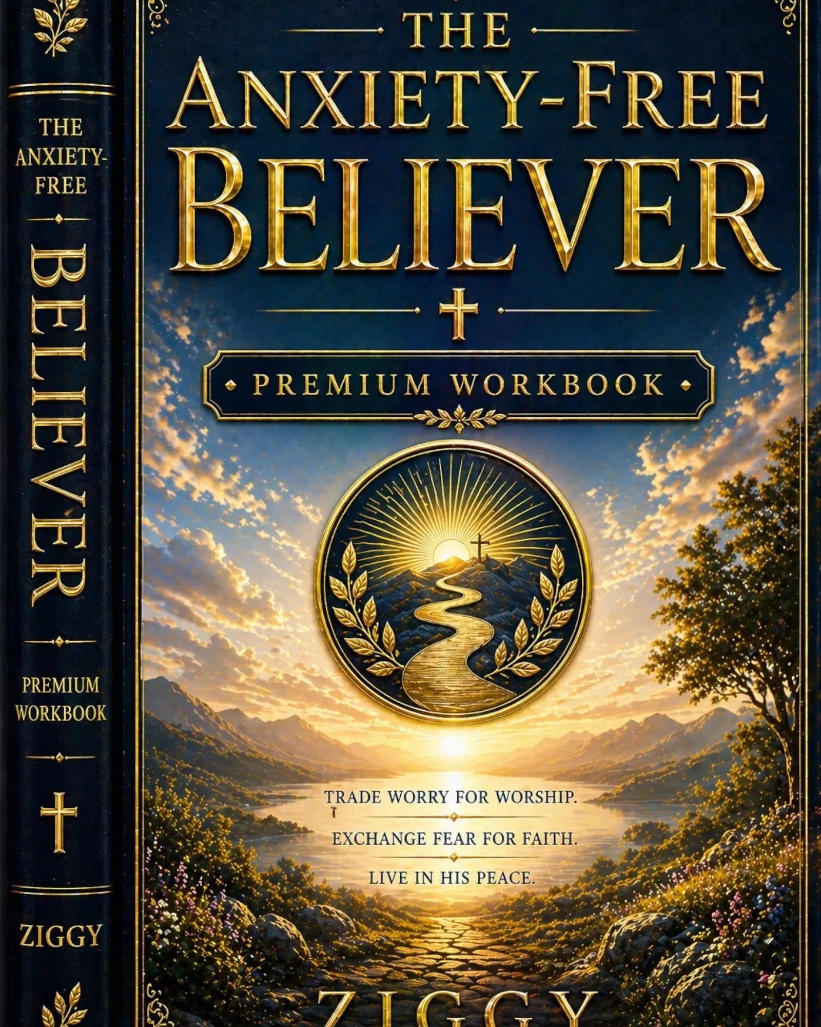 CREATOR ARSENAL The Anxiety-Free Believer Premium Workbook with a scenic mountain landscape and a winding path leading to a cross.